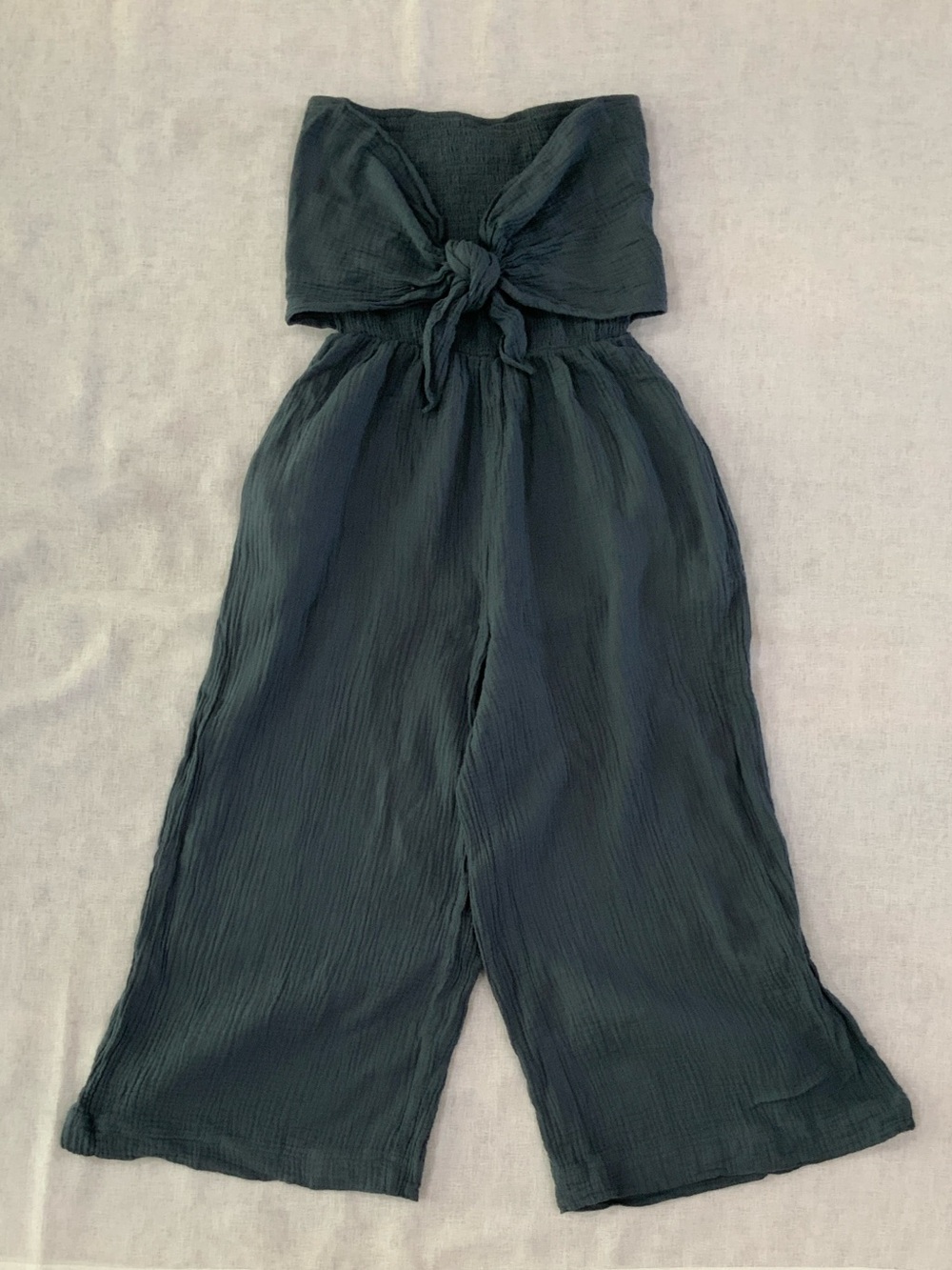 Strapless Tie-Front Wide-Leg Jumpsuit — Deep Teal